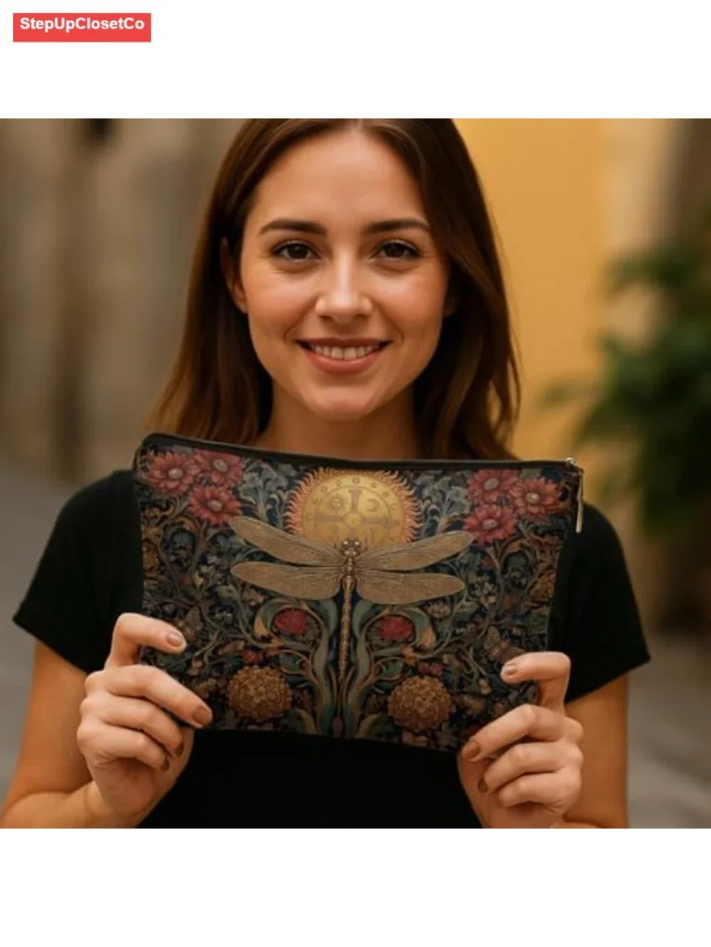 Waterproof Linen Floral Dragonfly Makeup Bag Toiletry Zipper Pouch Cosmetics